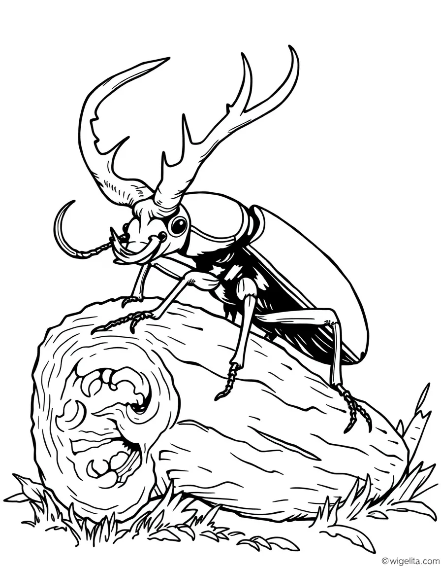 A stag beetle with large mandibles on a log