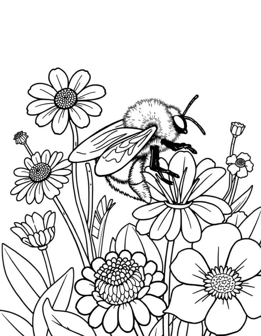 A bumblebee visiting multiple flowers in a garden