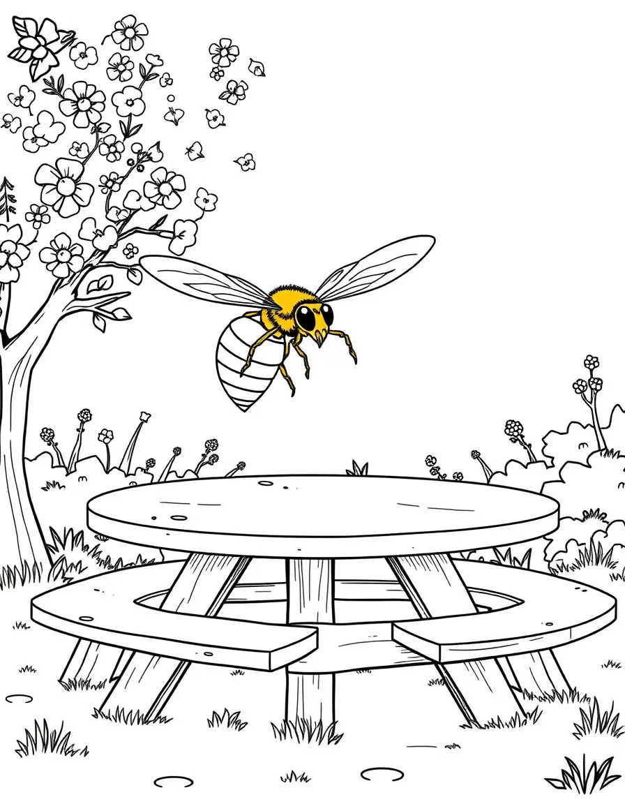 A yellow jacket hovering around a picnic table