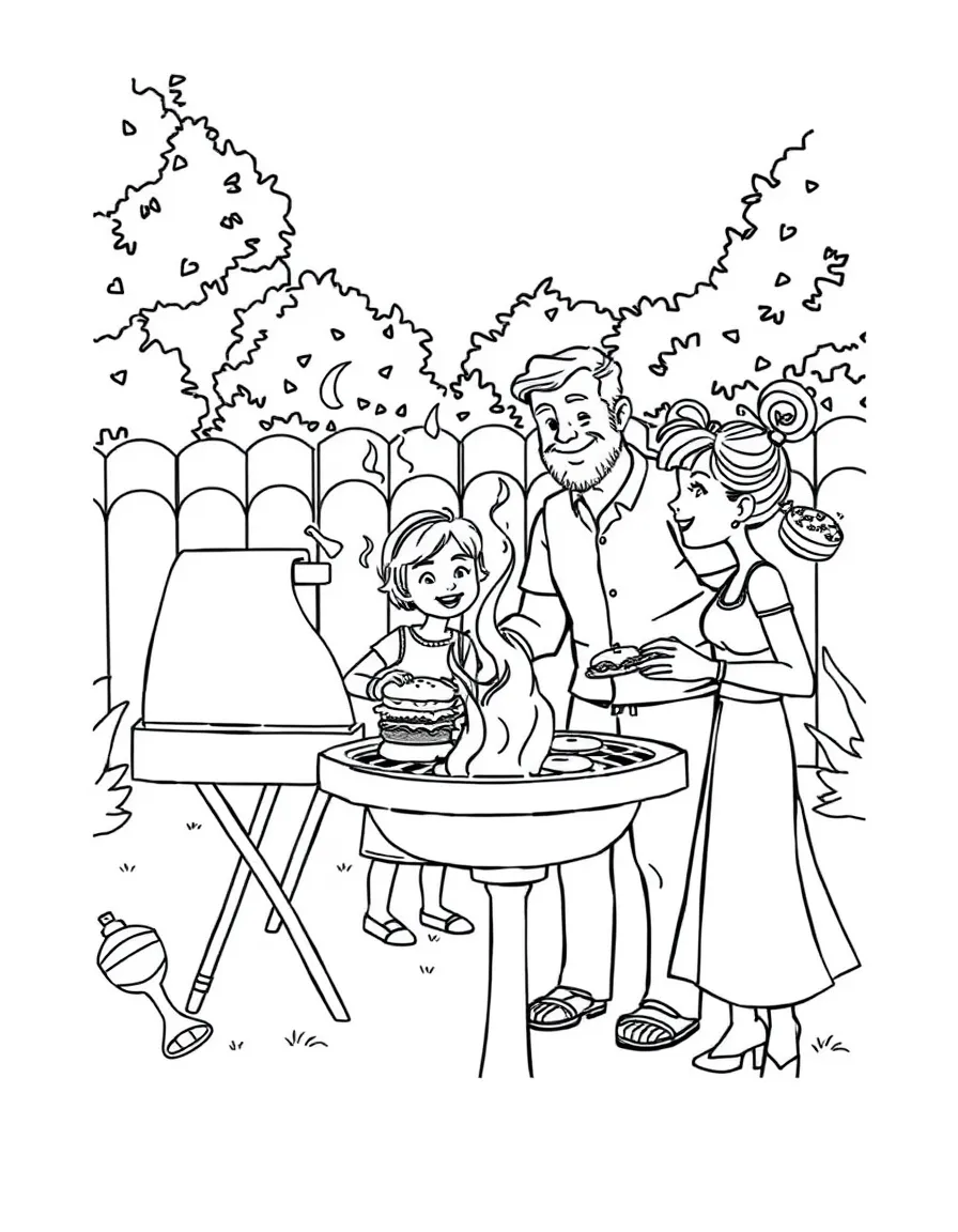 (family) Family having a backyard BBQ with dad grilling burgers