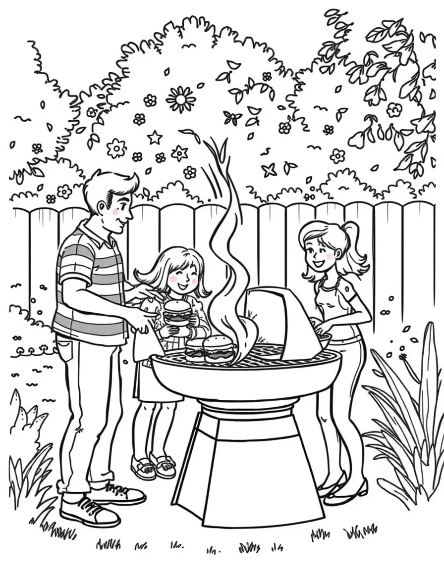 (family) Family having a backyard BBQ with dad grilling burgers