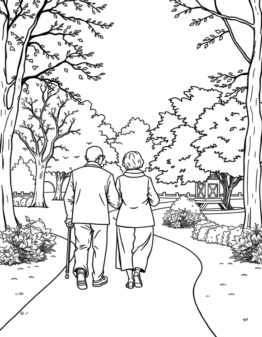 an old couple walking together in a park