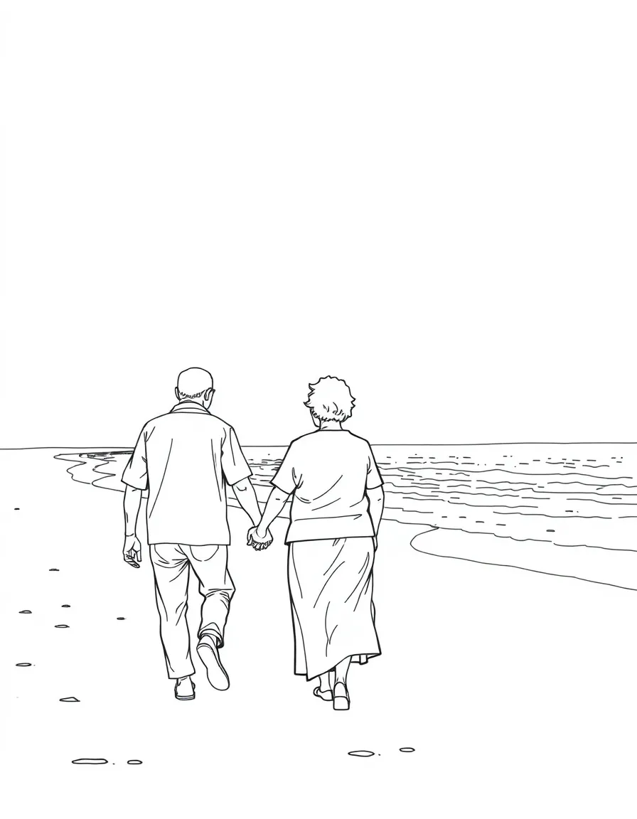 an old couple walking together on beach