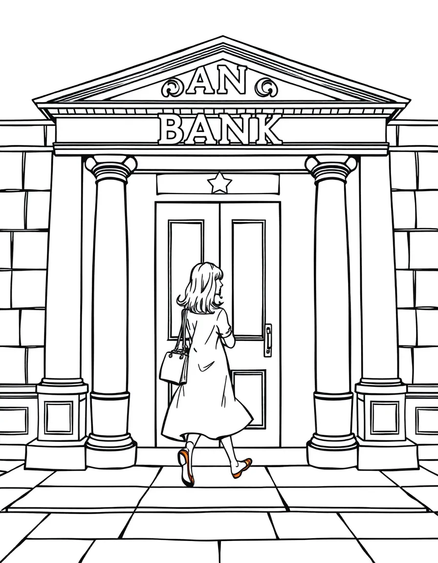 A lady walks out of a bank.
