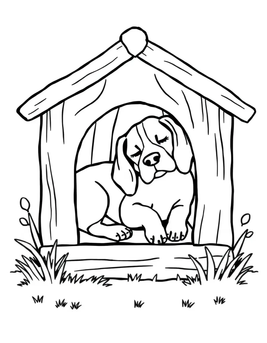 A beagle sleeps in a dog house