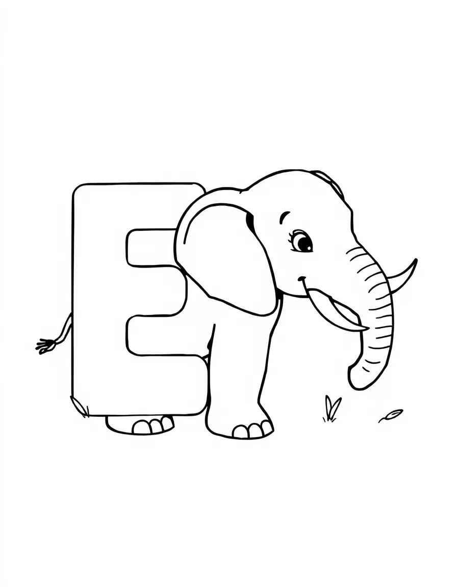 Letter E, next to an elephant