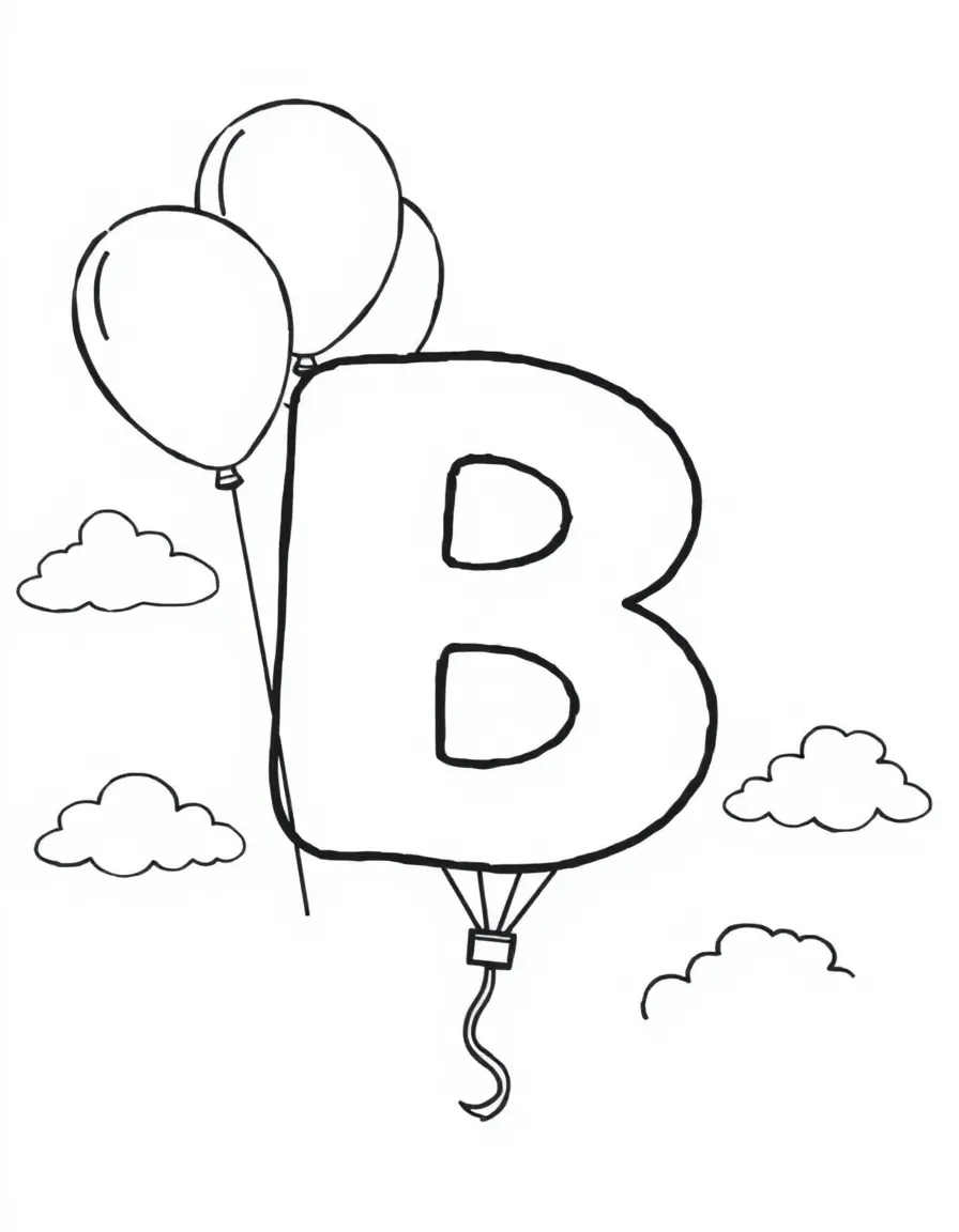 (letter card) B is for Balloons flying in the sky with clouds