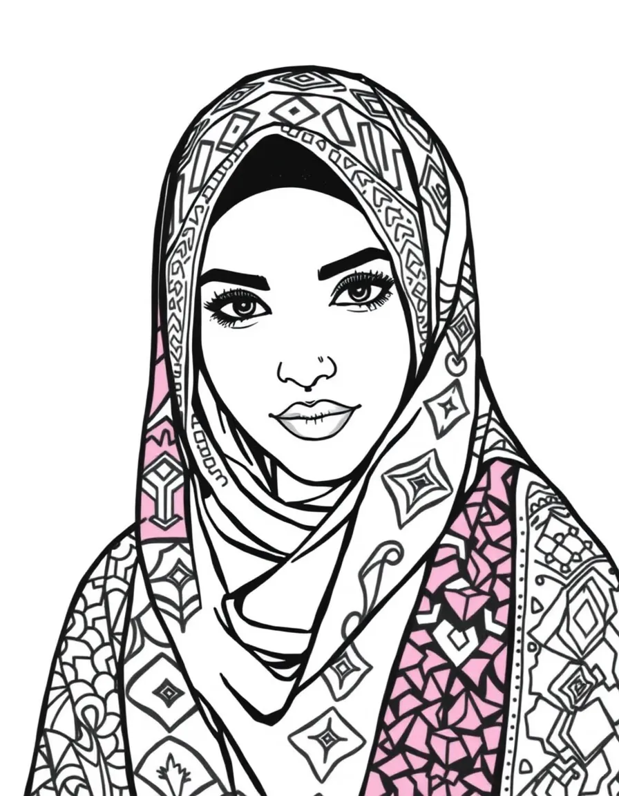 (Arab) A woman in colorful hijab with geometric patterns