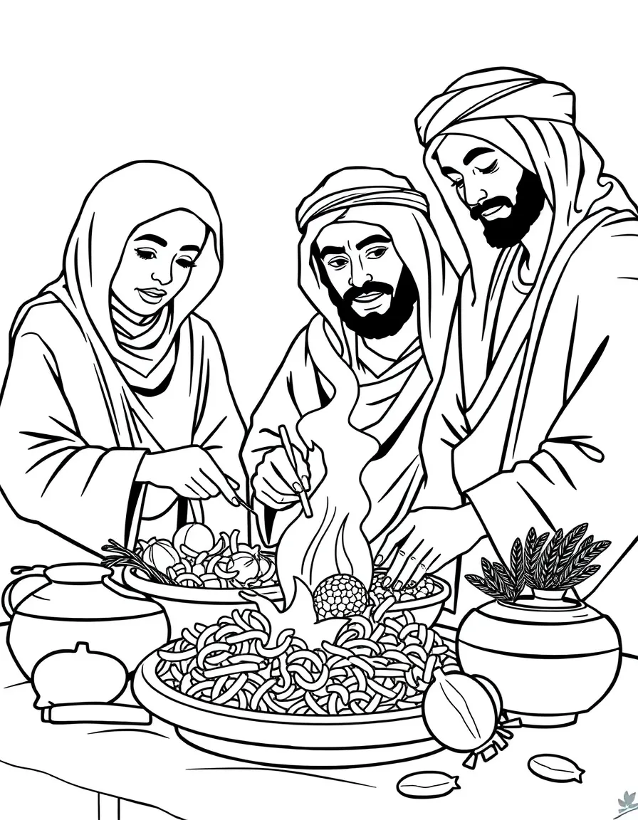 (Arab) Arabic family preparing traditional meal