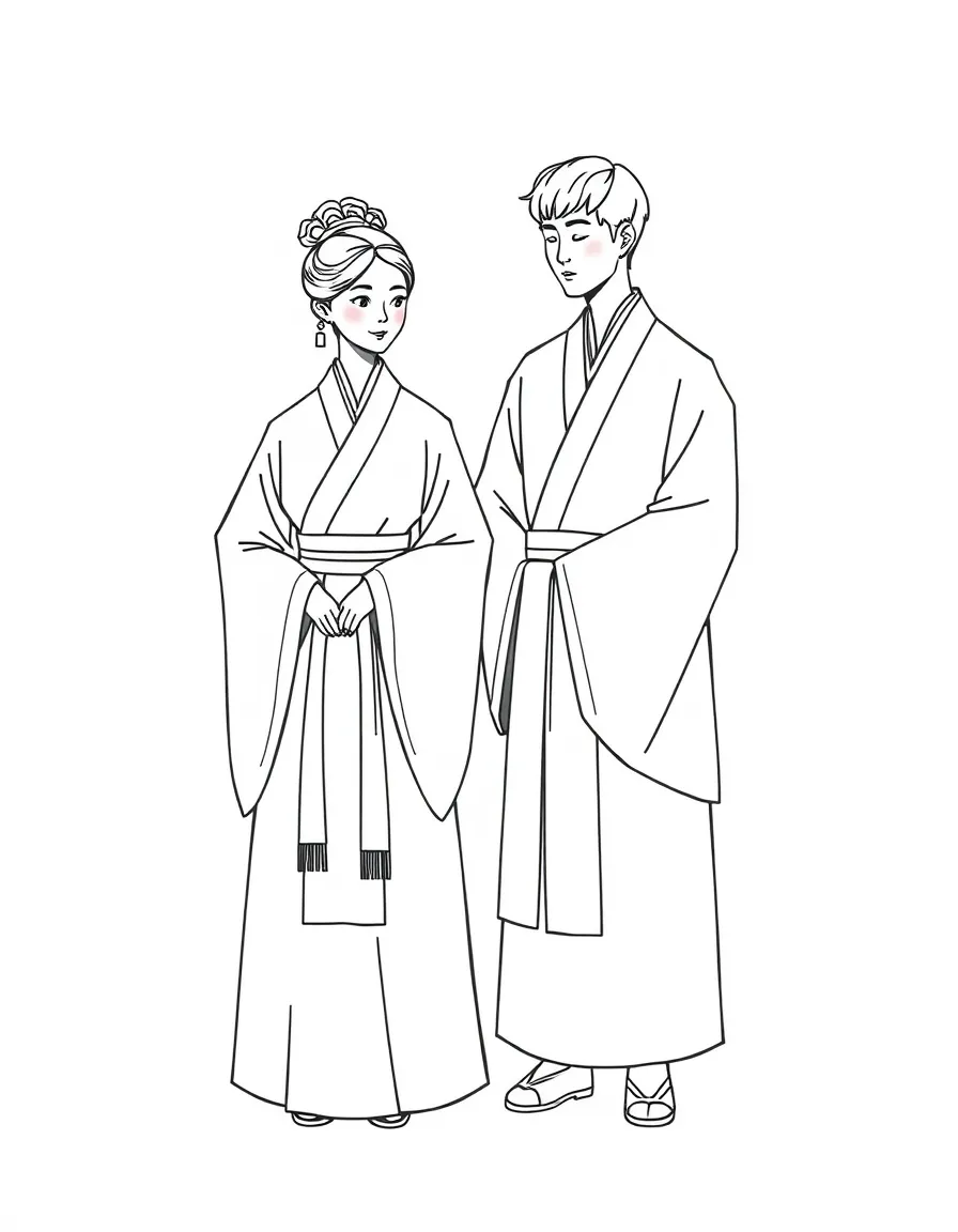Traditional Korean hanbok clothing - a woman and man in simple, flowing robes with minimal details