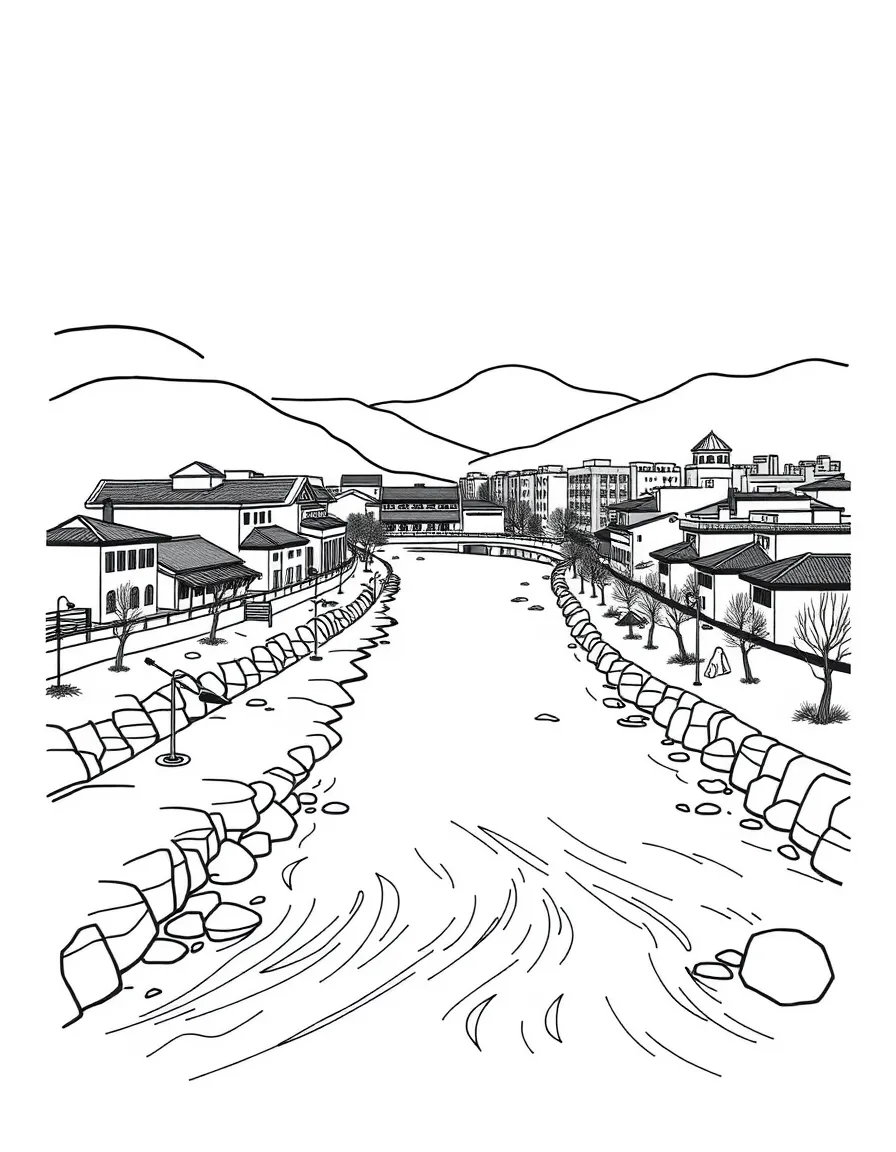 The Taedong River flowing through Pyongyang with simple buildings along the banks