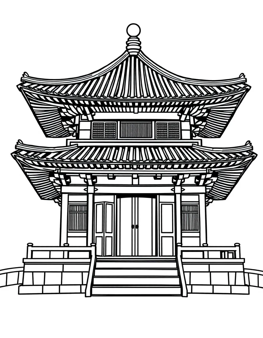 Traditional Korean pagoda or temple with curved rooflines and simple architectural details