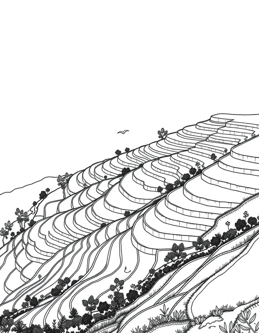Korean rice terraces on hillsides with simple geometric patterns