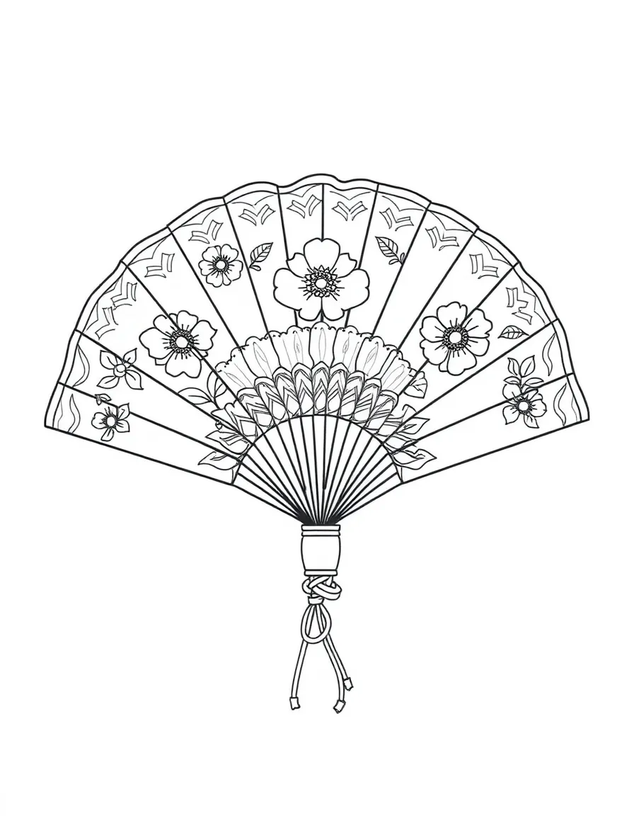 Traditional Korean fan with basic floral or geometric patterns to color