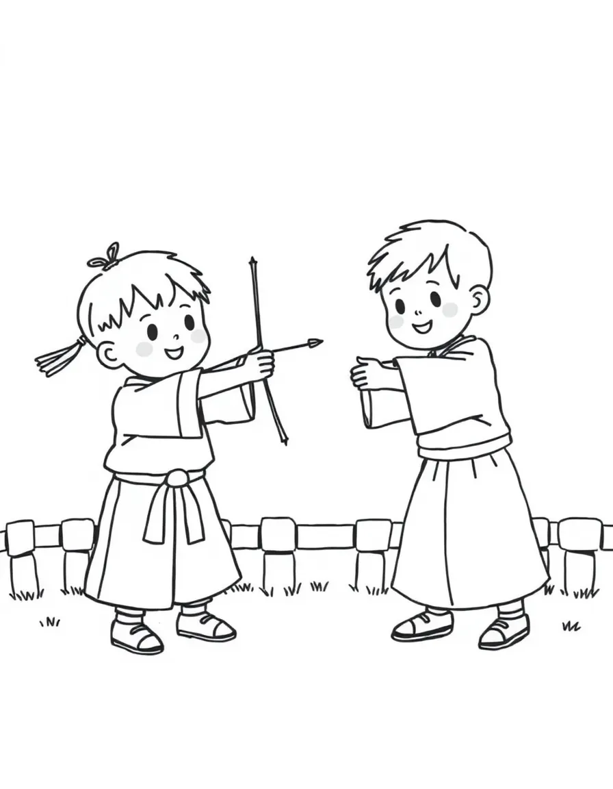 Simple drawing of Korean children playing traditional games like tuho (arrow throwing)
