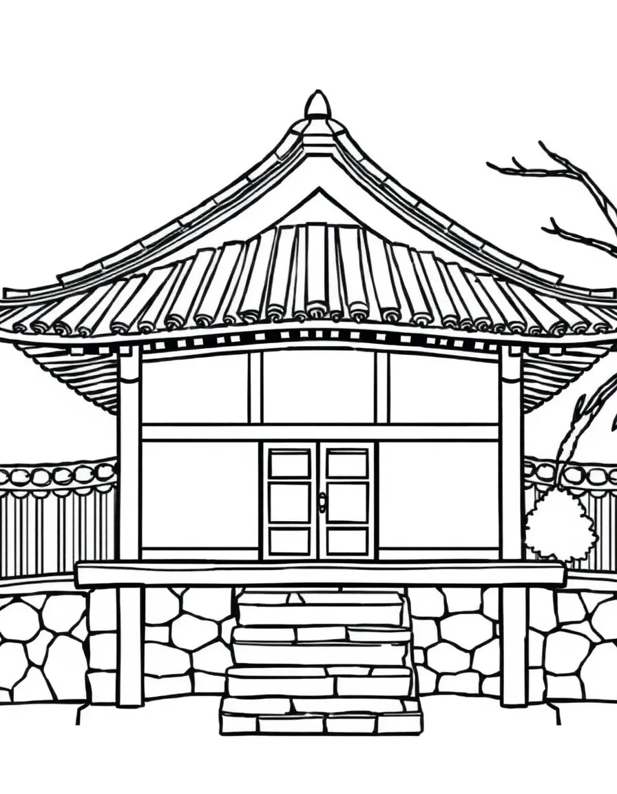Basic outline of traditional Korean house (hanok) with characteristic curved roof