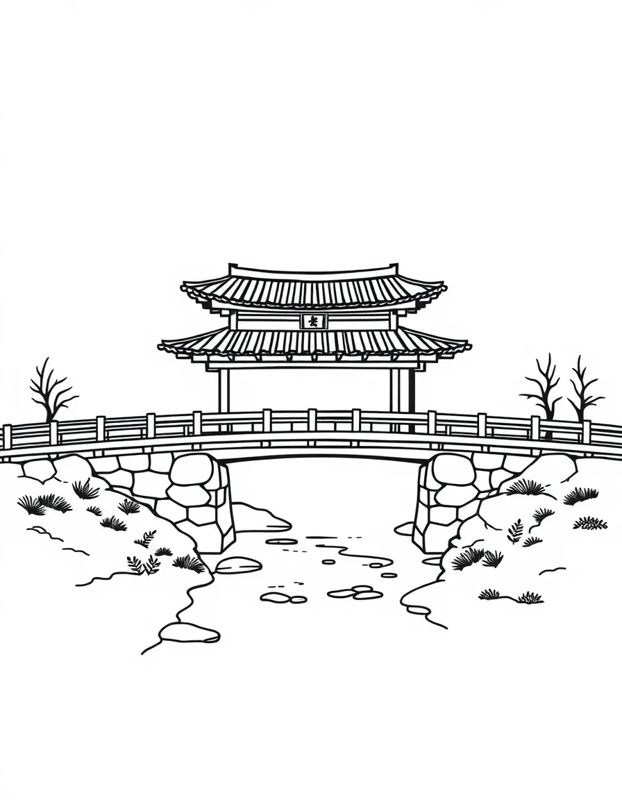 Traditional Korean bridge over a stream with simple arched design