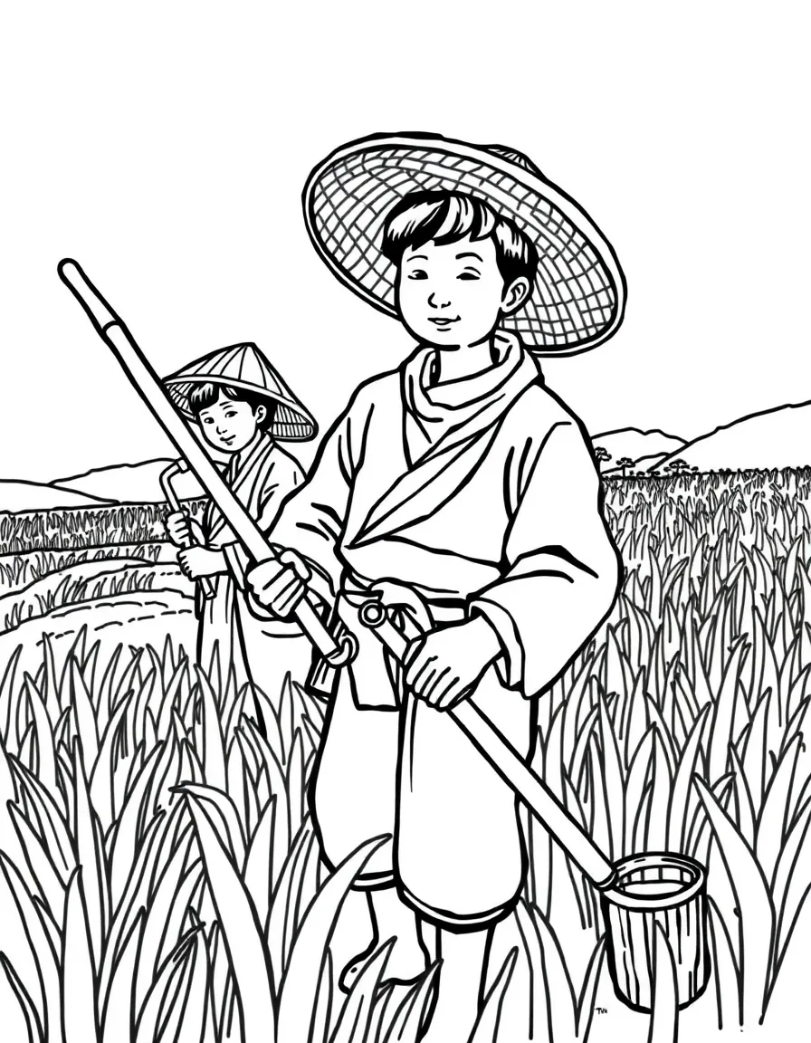 Korean farmers in rice fields with simple farming tools and crops