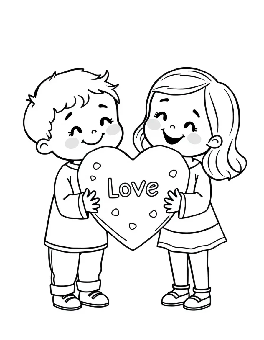 (love) Two children sharing a big heart-shaped cookie with simple smiling faces and basic clothing outlines