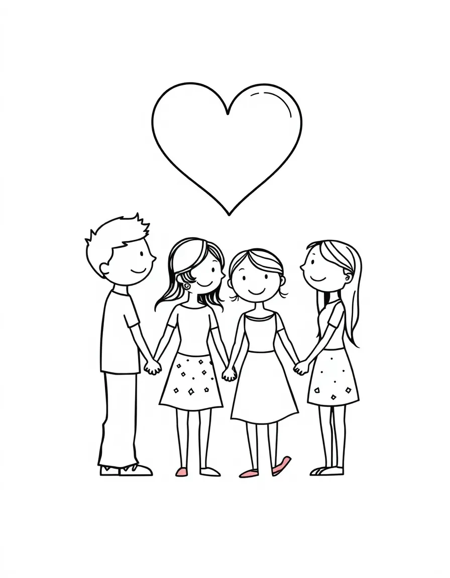 (love) A family of four holding hands in a circle with a large heart floating above them, simple stick-figure style
