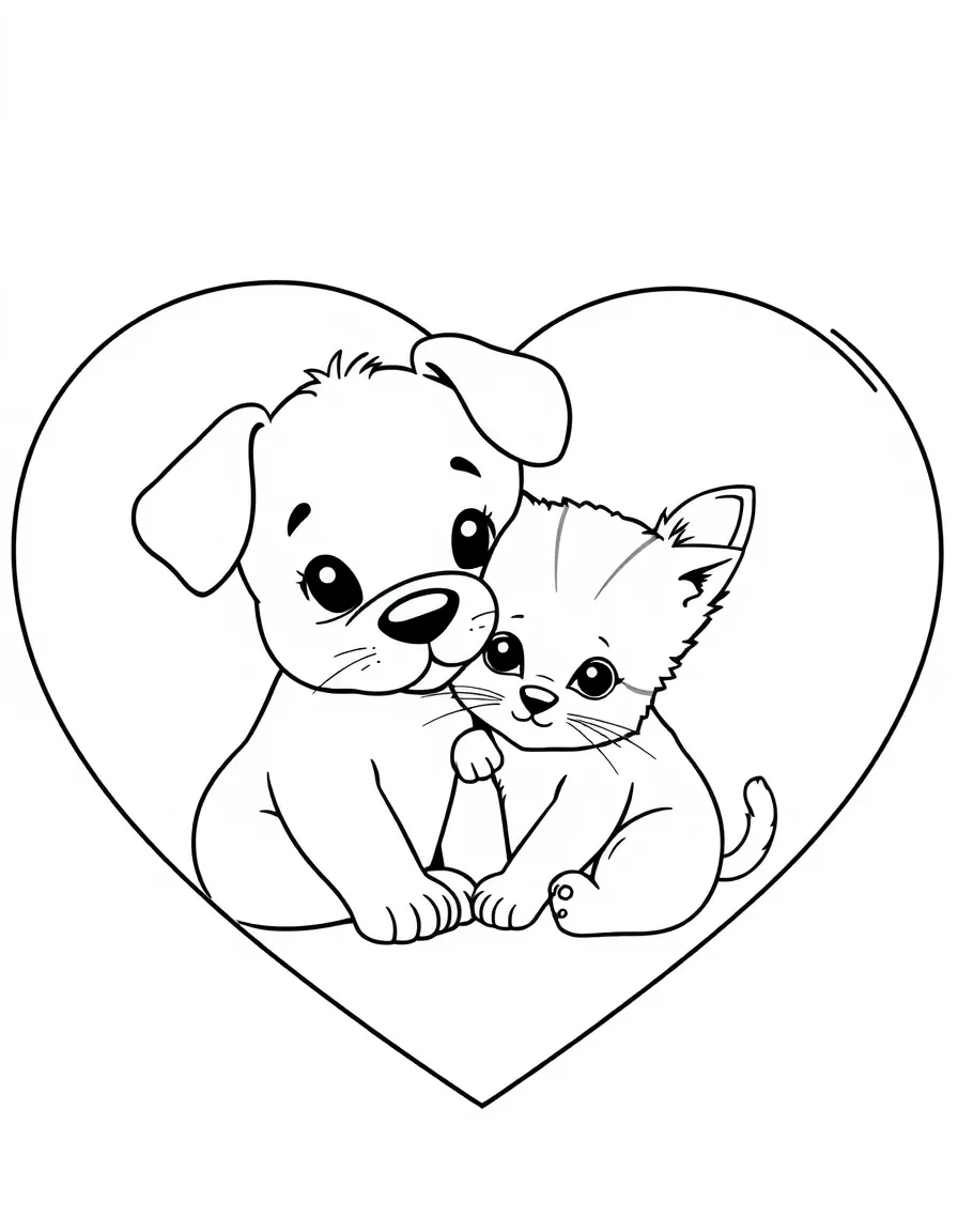 (love) A cute puppy and kitten cuddling together inside a large heart border with basic facial features