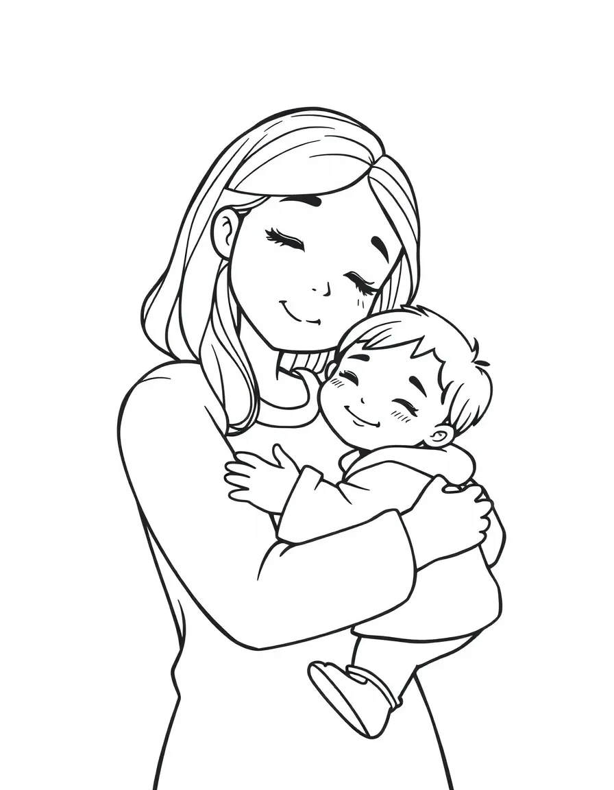 (love) Mom giving a gentle hug to a small child, both with simple rounded faces and easy-to-color clothing