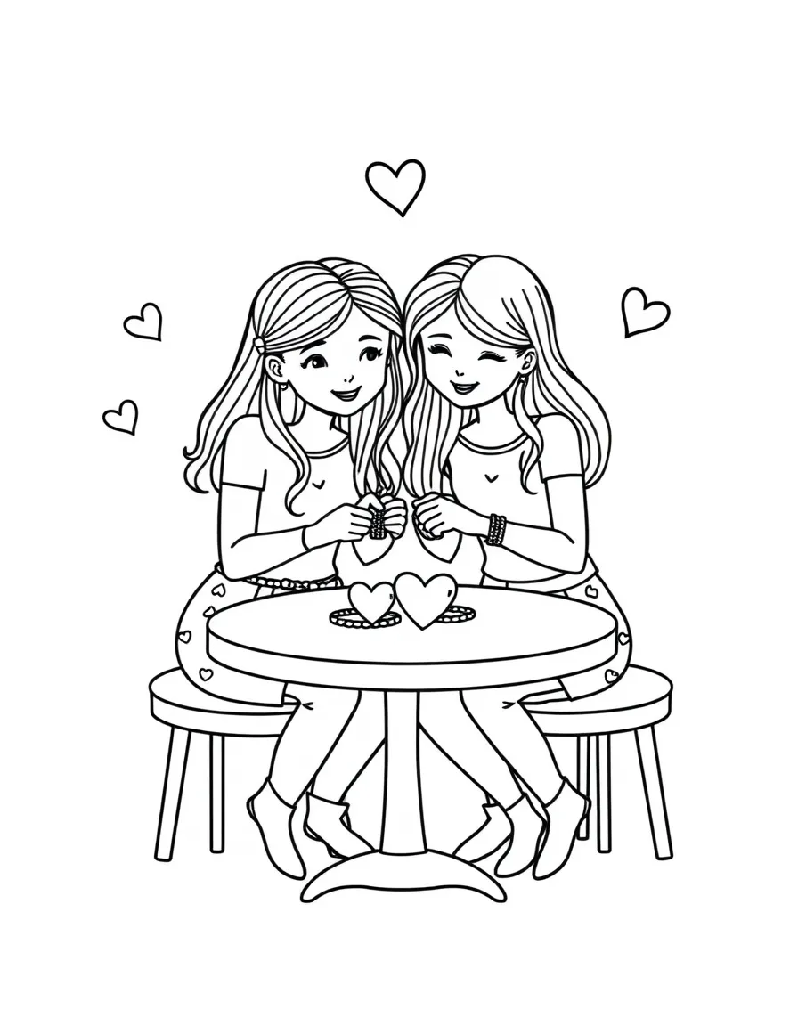 (love) Two best friends making friendship bracelets together at a simple table with heart patterns