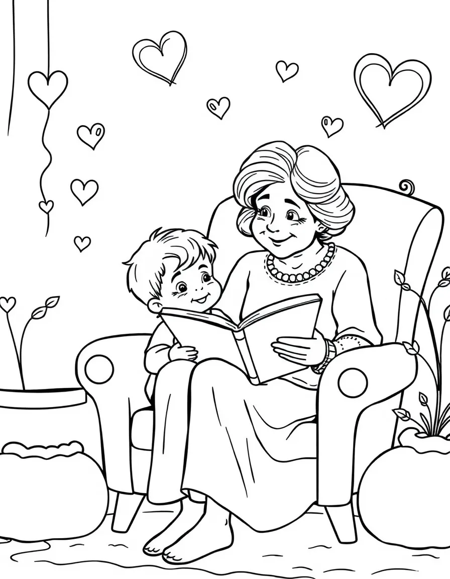 (love) A grandmother reading a bedtime story to a grandchild in a cozy chair with heart decorations on the wall