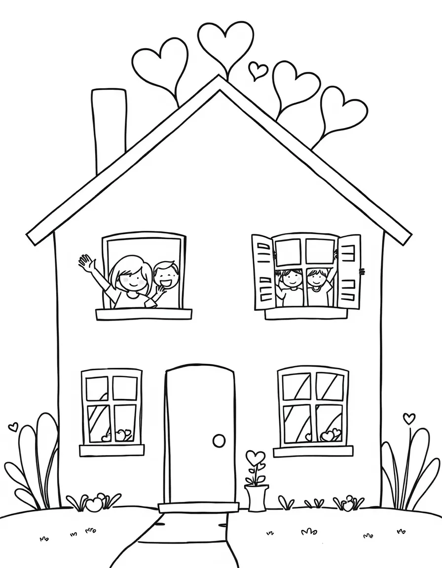 (love) A simple house with a family waving from the windows and hearts floating around the roof