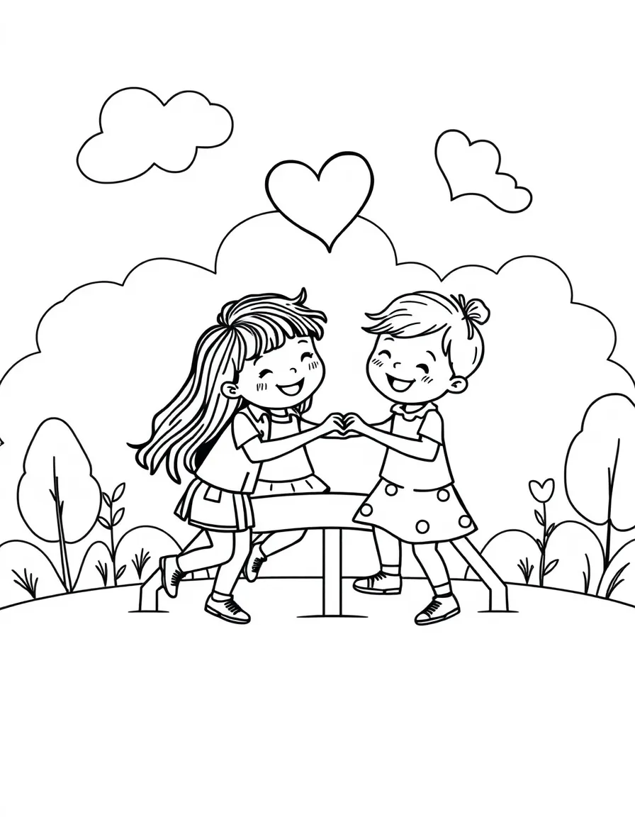 (love) Children of different backgrounds playing together on a playground with heart-shaped clouds above