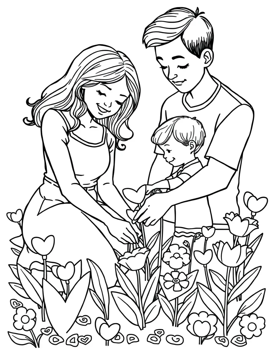 (love) A parent and child planting flowers together in a garden with heart-shaped flower petals