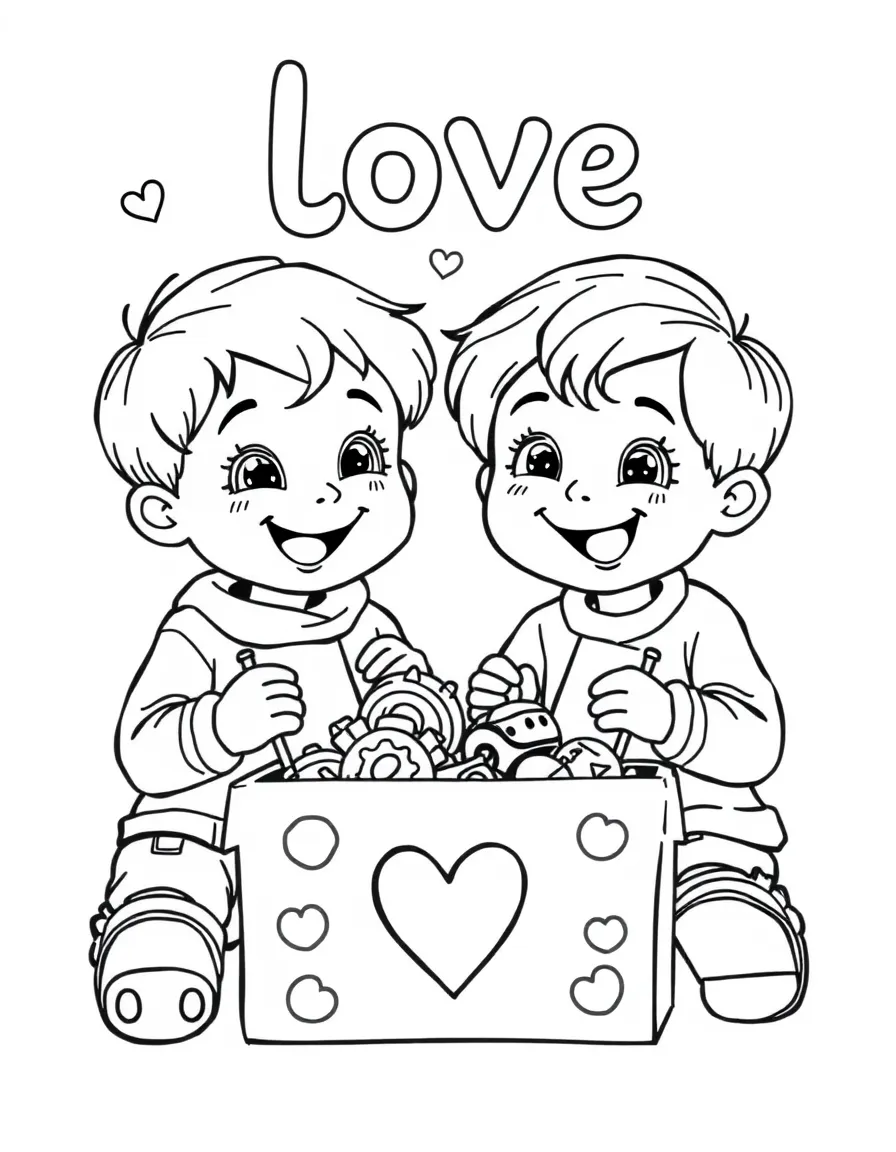(love) Two siblings sharing their favorite toys with big smiles and a heart-decorated toy box