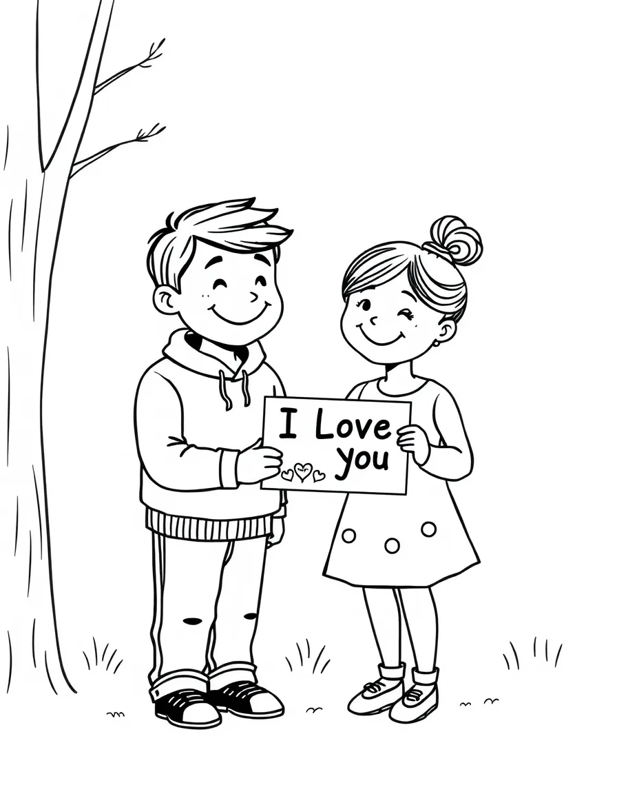 (love) A child giving a handmade card with "I Love You" to their parent, both with simple happy expressions