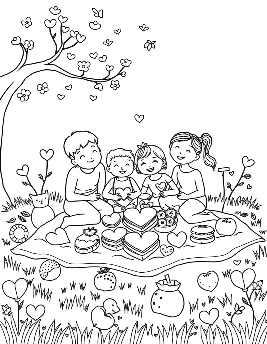 (love) A picnic scene with a family sitting on a blanket surrounded by heart-shaped sandwiches and fruits