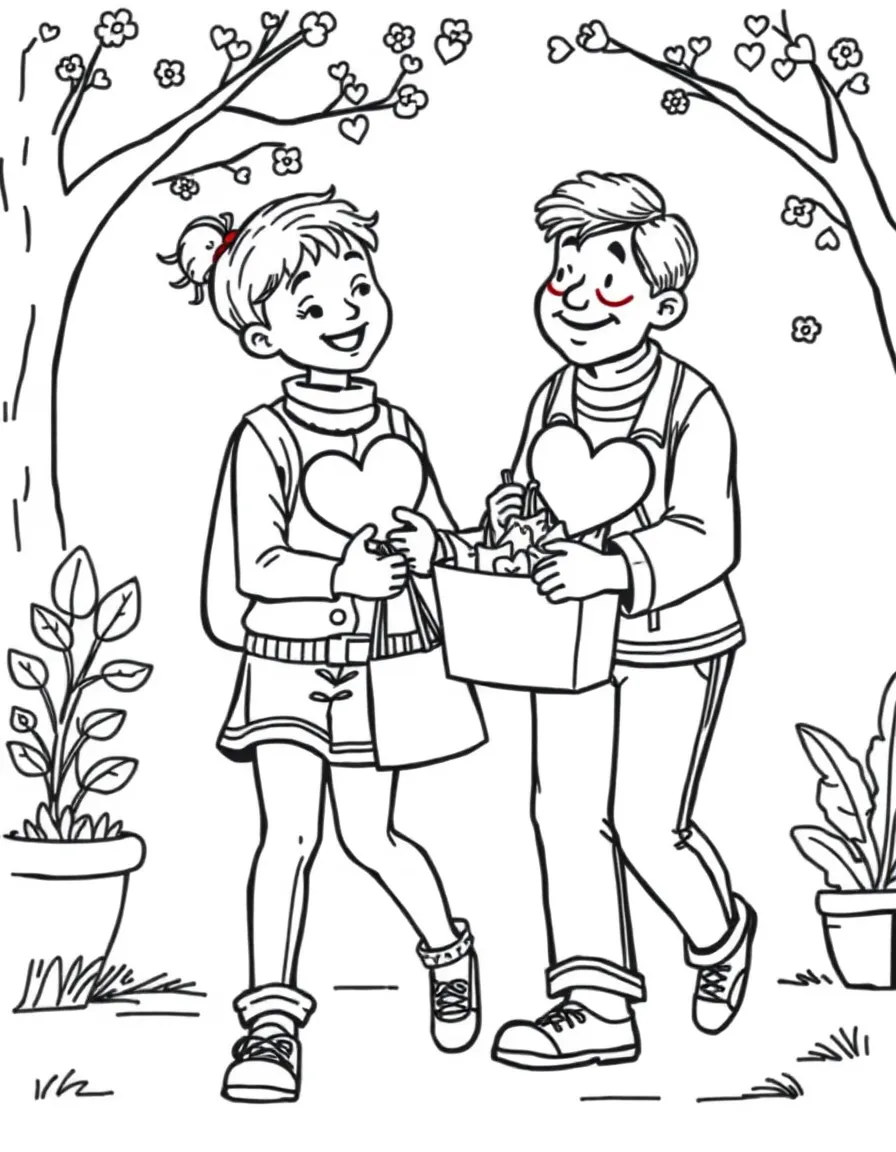 (love) Children helping an elderly neighbor carry groceries with hearts showing their kindness