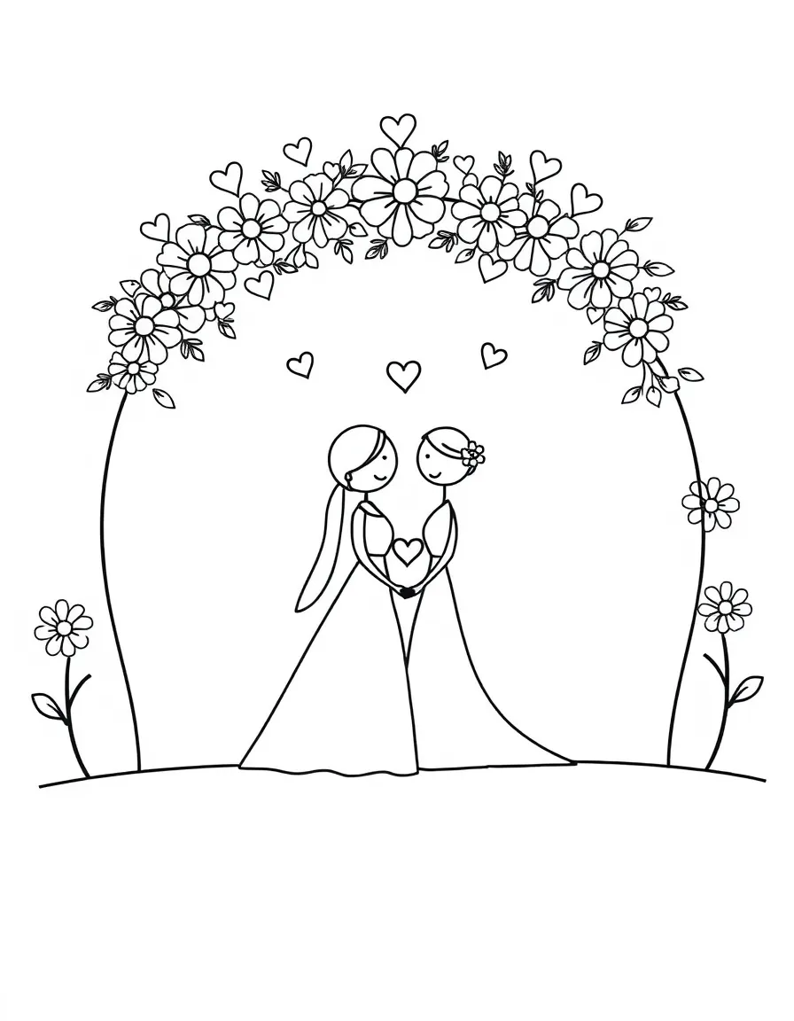 (love) A simple wedding scene with bride and groom stick figures under an arch of hearts and flowers