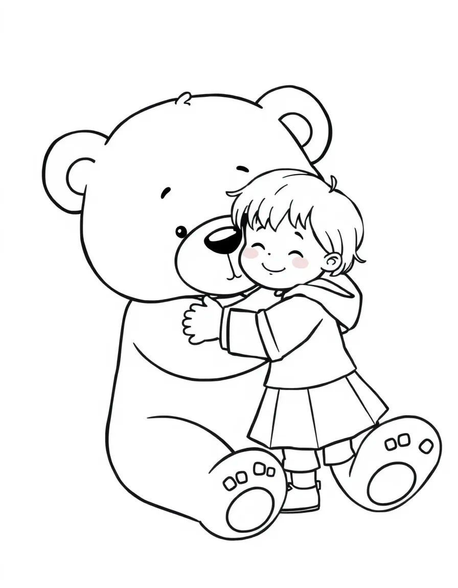 (love) A child hugging a large teddy bear with both having sweet, simple facial expressions
