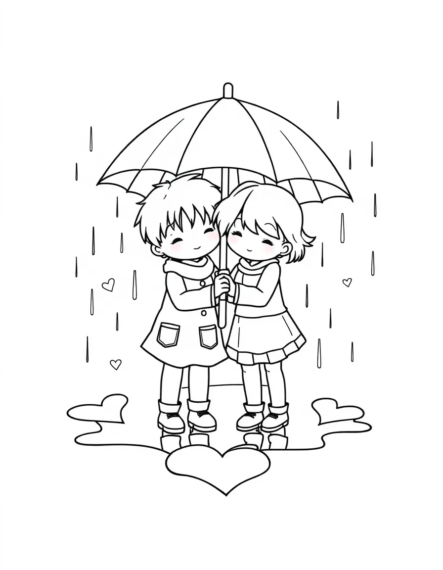 (love) Two children sharing an umbrella in the rain with puddles shaped like hearts around them
