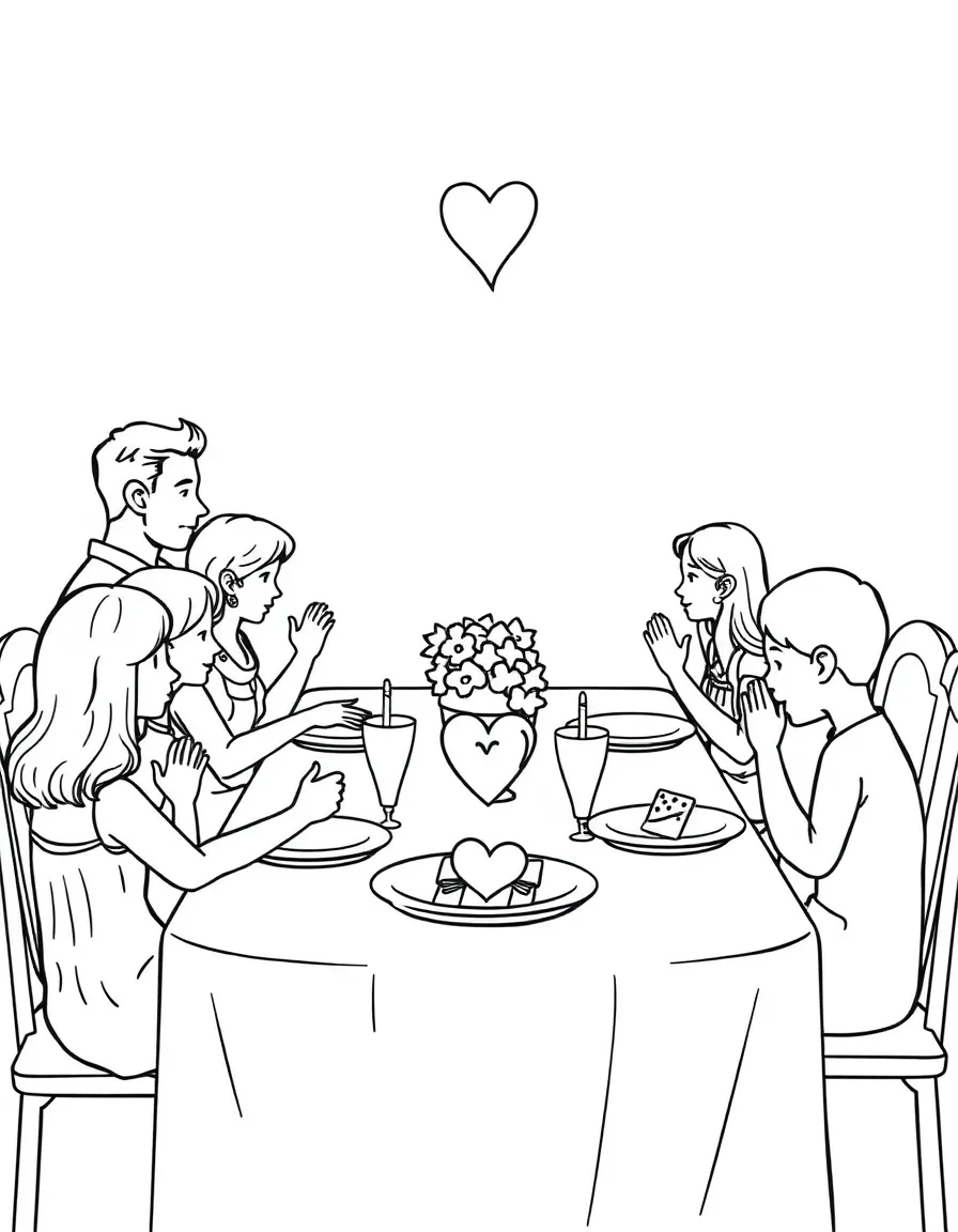 (love) A family dinner table with everyone holding hands for grace, surrounded by simple heart decorations