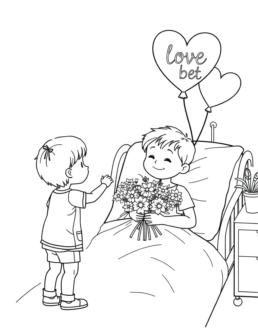 (love) Children visiting and bringing flowers to someone in a hospital bed with get-well heart balloons