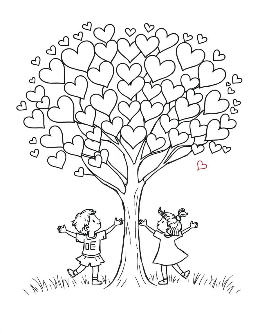 (love) A simple tree with heart-shaped leaves and children playing underneath with their arms outstretched