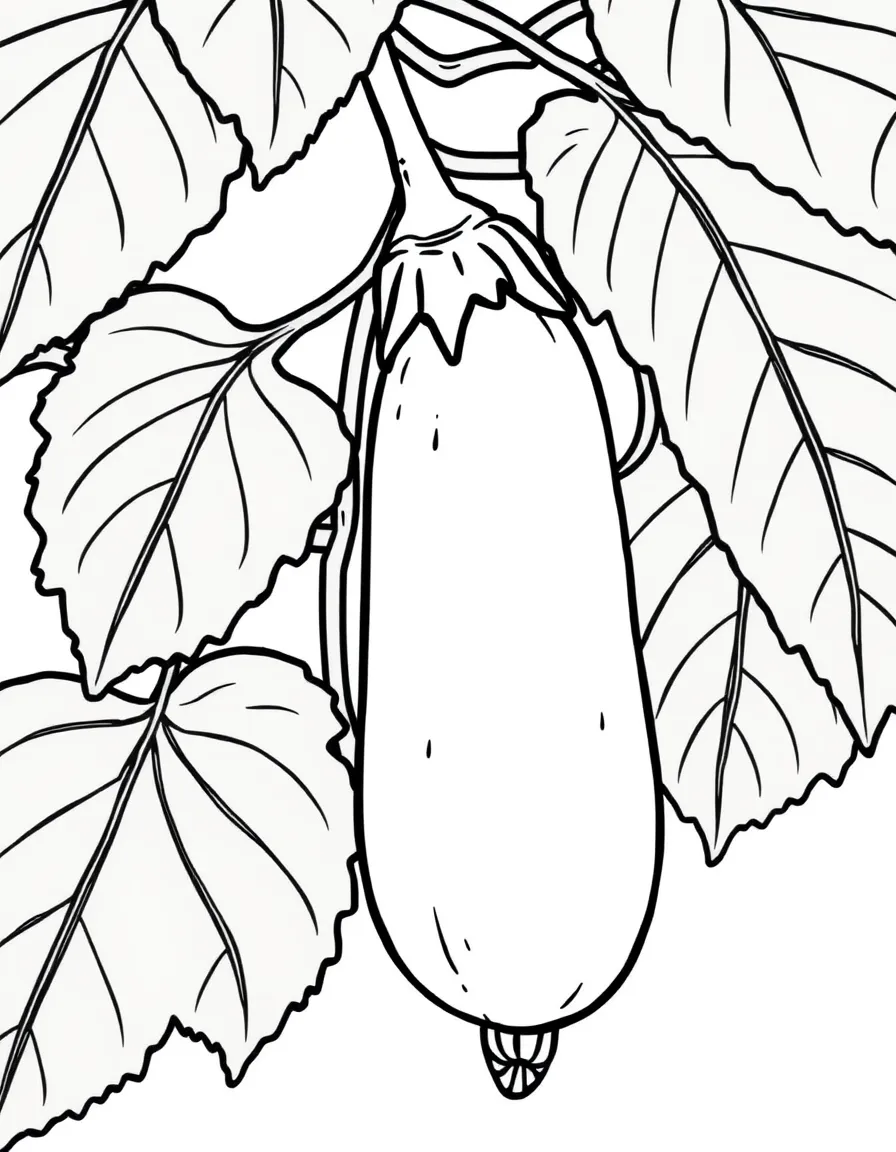 A zucchini growing on a vine with big green leaves