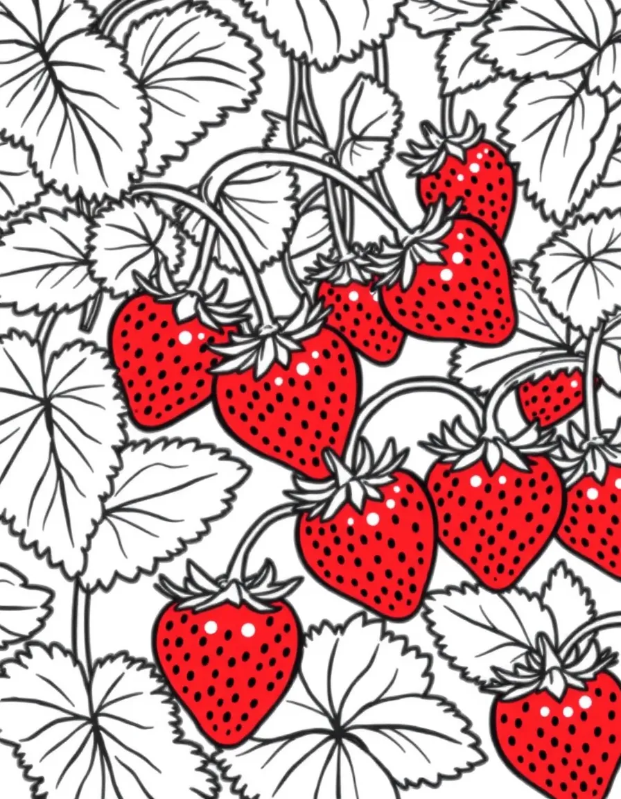 A strawberry patch with ripe red strawberries and green leaves