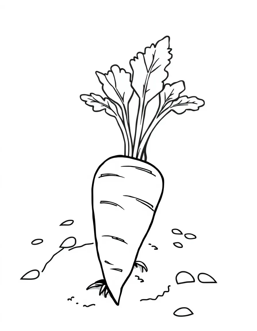 A carrot growing in the soil with its green top showing