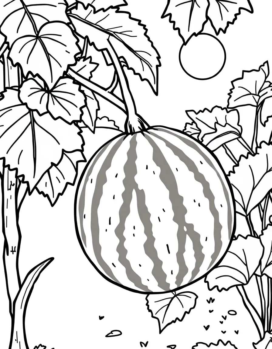 A watermelon growing on a vine in a sunny garden