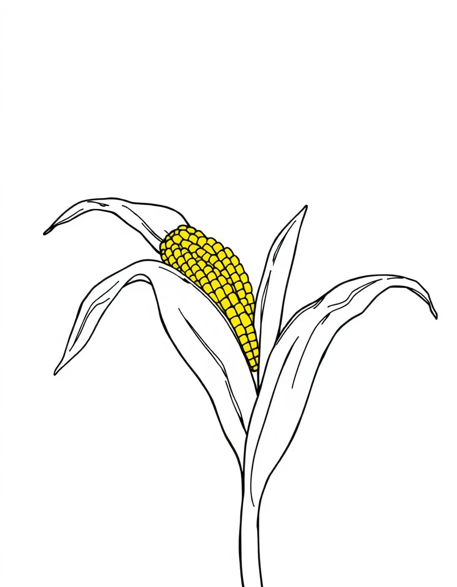 A corn stalk with big green leaves and yellow corn cobs