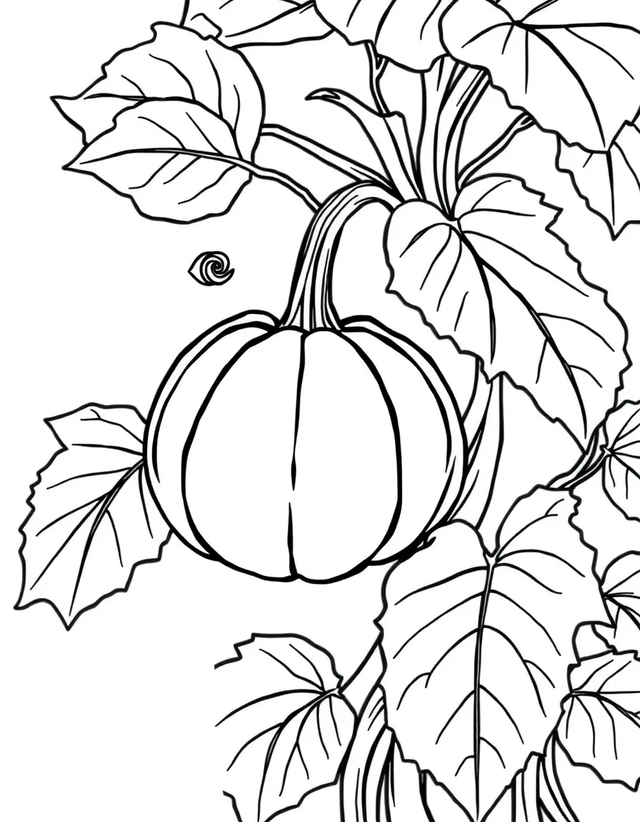 A pumpkin growing on a thick vine with large leaves