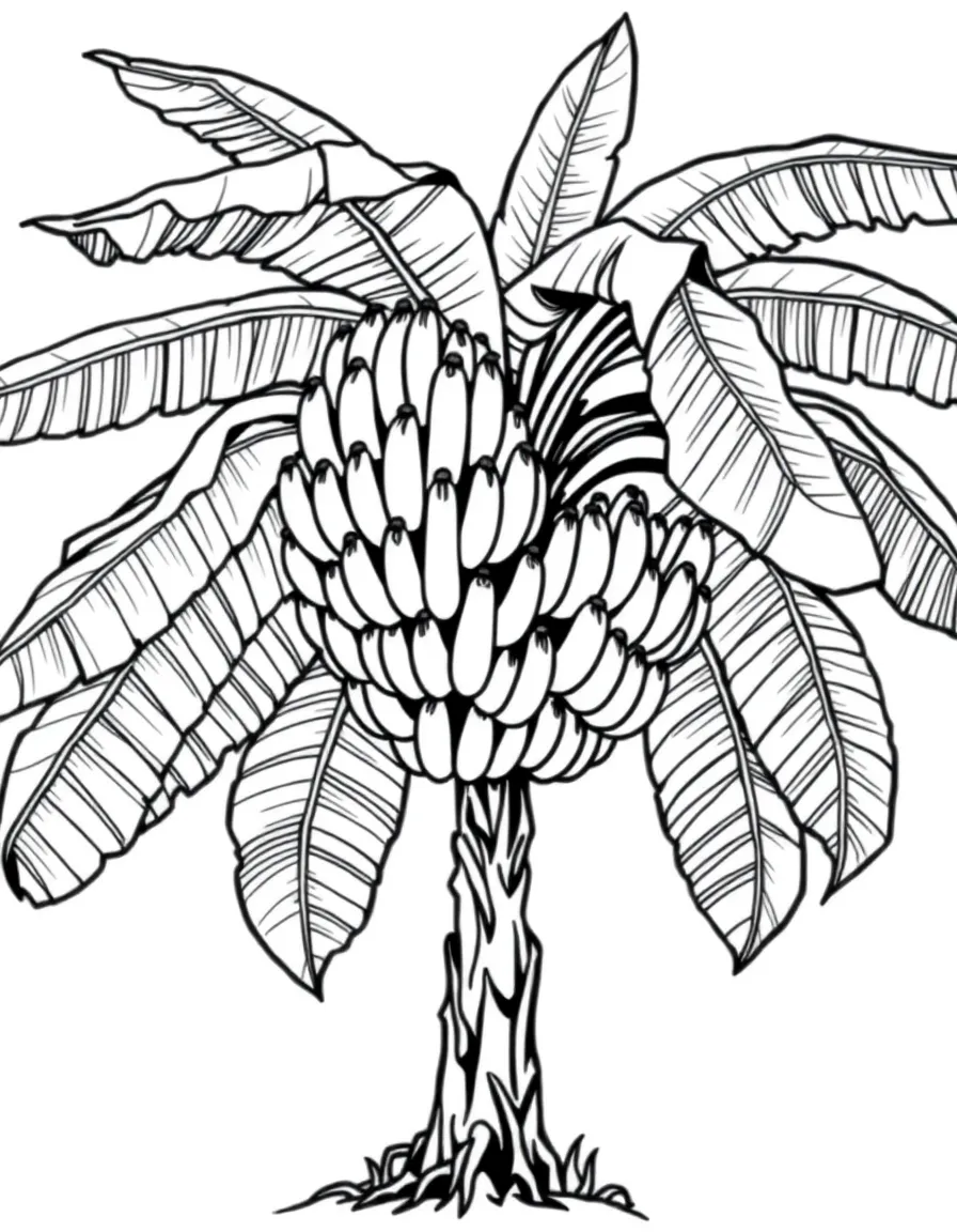 A banana tree with bunches of bananas and wide leaves