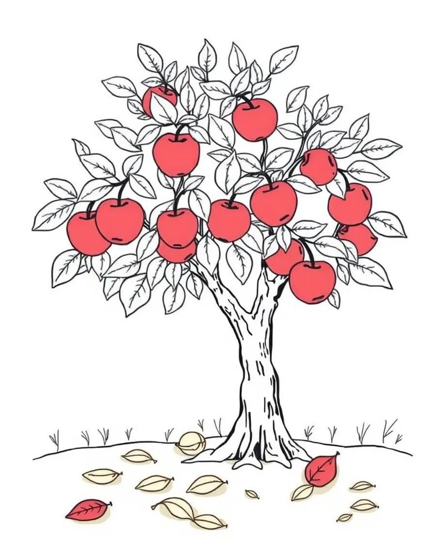 An apple tree with red apples and a few fallen leaves
