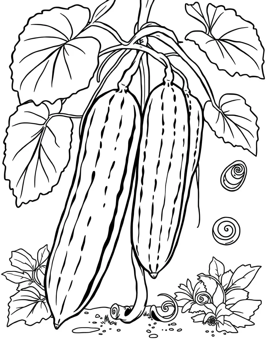 A cucumber plant with long cucumbers and curly tendrils